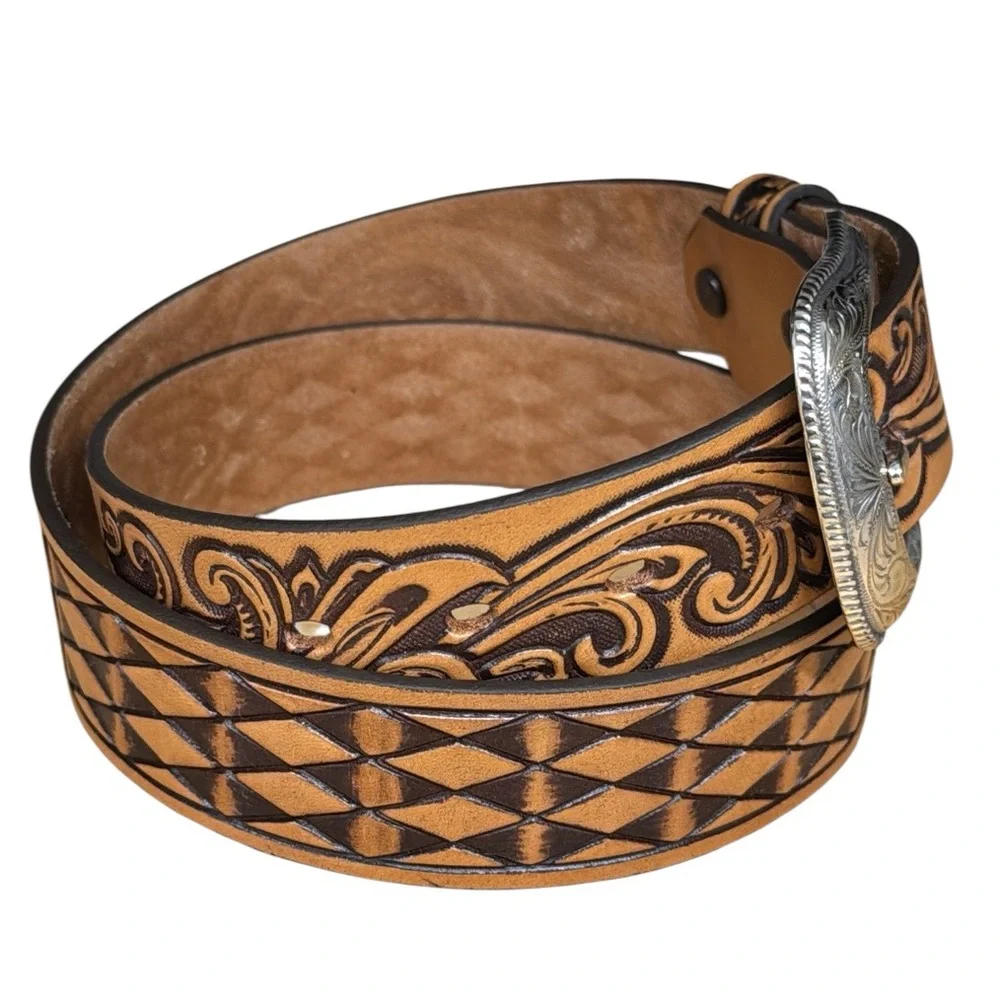 NWT Justin Western Scroll Tooled Brown Leather w/Silver Buckle #BR5029 Mens 34